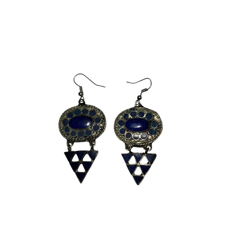 Iris Apfel & Bajalia Brass Lapis Lazuli Earrings Boho Tribal Statement Jewelry
